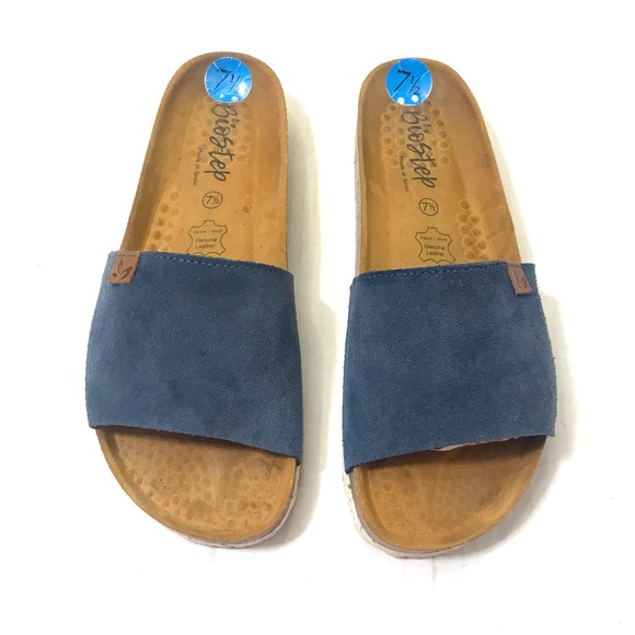 Biostep Shoes - BioStep Suede Leather Comfort Cork Footbed Slide Sandals 19027 In Blue Size 7.5